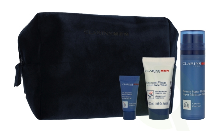 Clarins Men Set 83 ml Super Moisture Balm 50 ml / Active Face Wash 30 ml / Sample Shave Oil 3 ml / Men Pouch in the group BEAUTY & HEALTH / Gift sets / Gift sets for him at TP E-commerce Nordic AB (D33513)