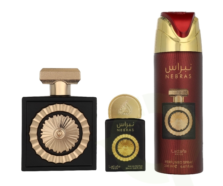Lattafa Pride Nebras Giftset 320 ml Edp Spray 100ml/Edp Spray 20ml/Deo Spray 200ml in the group BEAUTY & HEALTH / Gift sets / Gift sets for her at TP E-commerce Nordic AB (D33532)