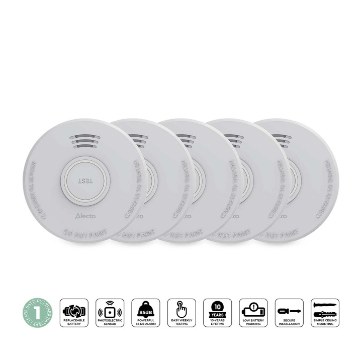 Alecto Stand alone smoke alarm with 1 year battery White 5 pcs in the group HOME, HOUSEHOLD & GARDEN / Alarm & Security / Fire, smoke, gas / Smoke alarms at TP E-commerce Nordic AB (D34877)