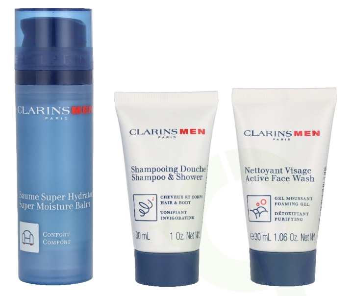 Clarins Men Hydration Essentials Set 110.9 ml Super Moisture Balm 50ml/Shampoo & Shower Gel 30ml/Facial Cleanser 30ml/Double Serum Eye 0,9ml in the group BEAUTY & HEALTH / Skin care / Body health / Bath & Shower gels at TP E-commerce Nordic AB (D35858)