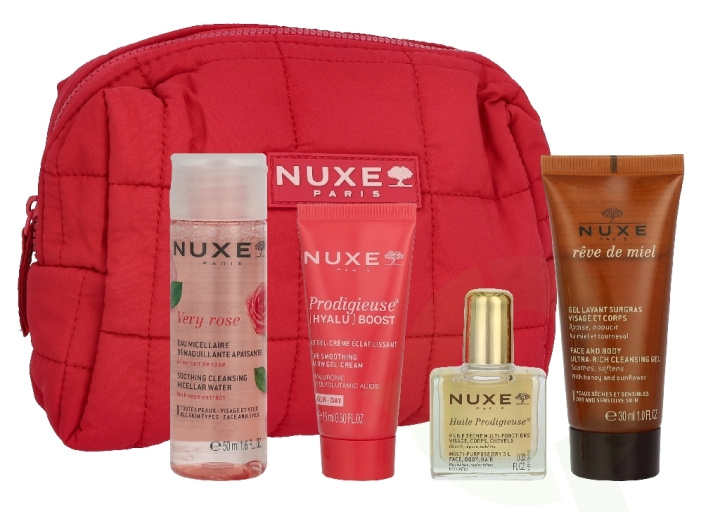 Nuxe Travel Set 105 ml Very Rose Micellar Water 50 ml/Prodigieuse Boost Cream-Gel 10 ml/Reve De Miel Cleansing Gel 30ml/Creme Fraiche Cream 15ml/Pouch in the group BEAUTY & HEALTH / Skin care / Tanning / Sunscreen at TP E-commerce Nordic AB (D45807)