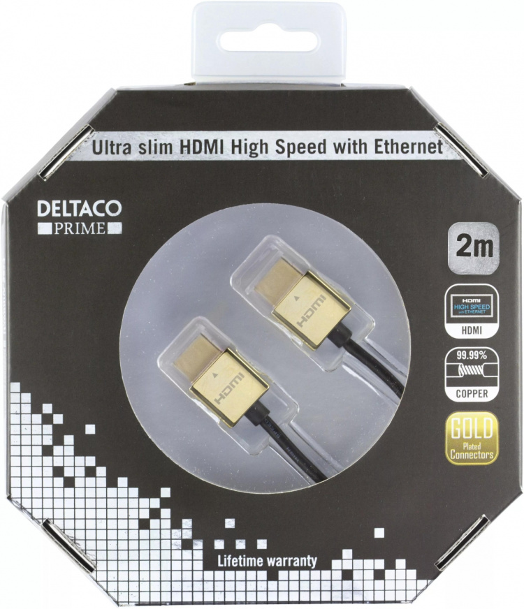 DELTACO PRIME tunn HDMI-kabe med guldpläterade zink-kontakter, 2m DELTACO PRIME tunn HDMI-kabe med guldpläterade zink-kontakter, 2m