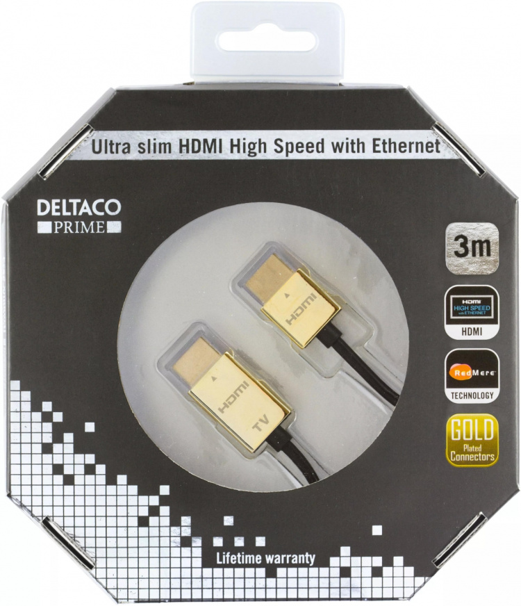 DELTACO PRIME tunn HDMI-kabe med guldpläterade zink-kontakter, 3m DELTACO PRIME tunn HDMI-kabe med guldpläterade zink-kontakter, 3m
