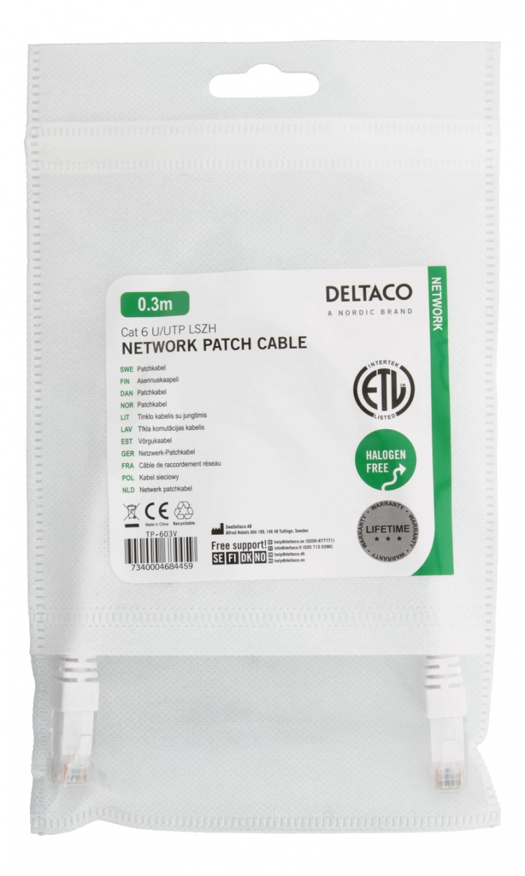 DELTACO UTP Cat6 patch cable 0.3m, white