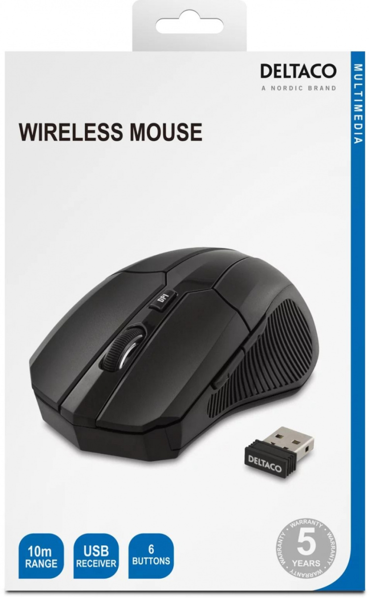 DELTACO trådlös optisk mus, 5 knappar med scroll, DPI-val, USB, svar