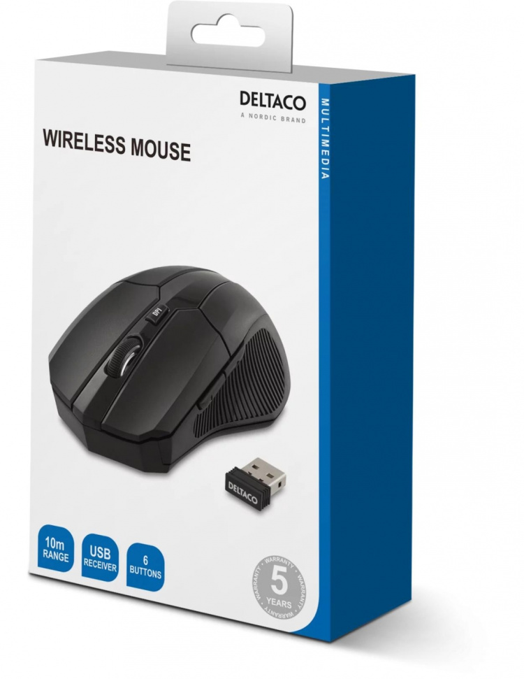 DELTACO trådlös optisk mus, 5 knappar med scroll, DPI-val, USB, svar