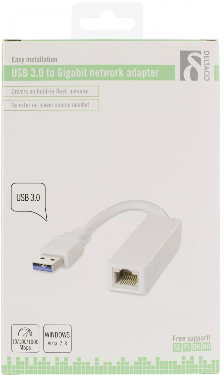 DELTACO USB 3.0 nätverksadapter, gigabit, 1xRJ45, vit