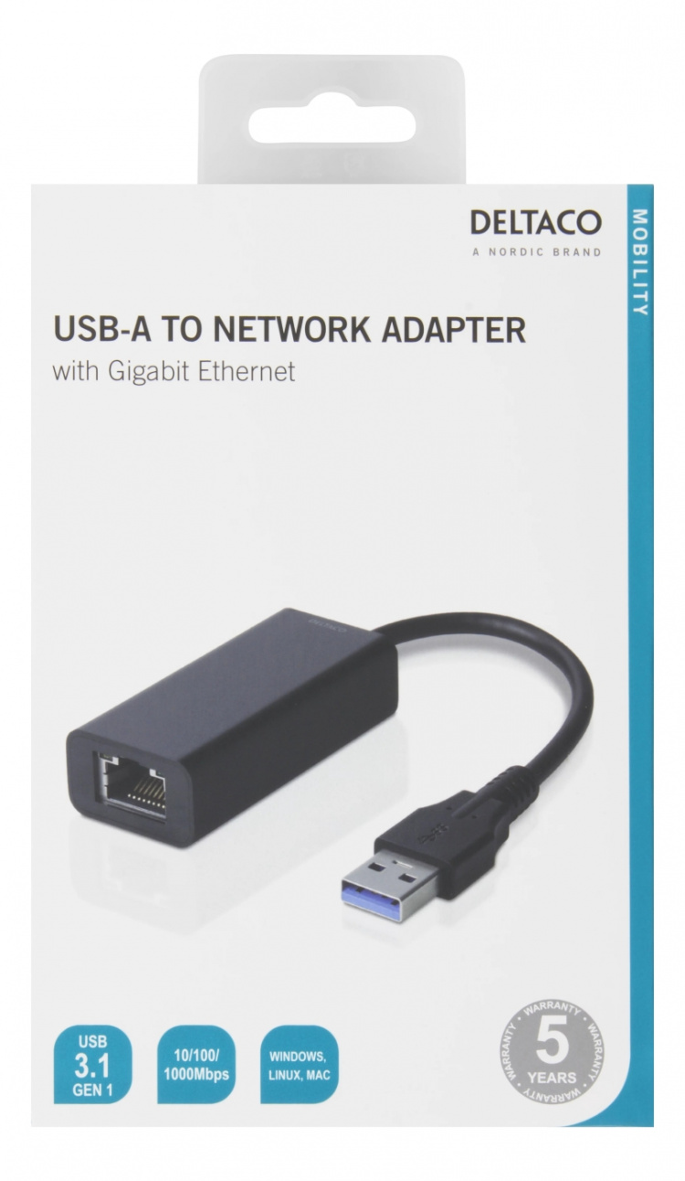 DELTACO USB 3.0 nätverksadapter, gigabit, 1xRJ45, svart