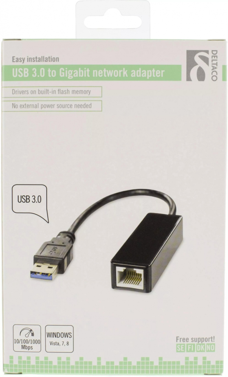 DELTACO USB 3.0 nätverksadapter, gigabit, 1xRJ45, svart