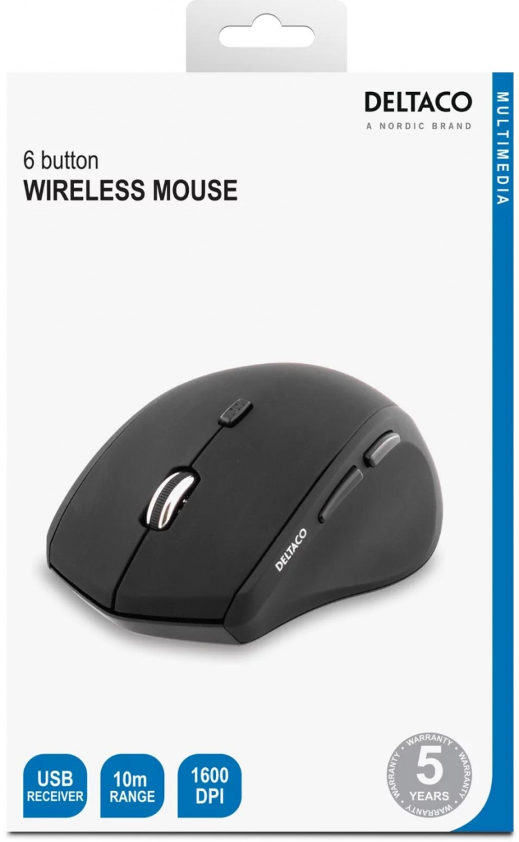 DELTACO trådlös optisk mus, 5 knappar med scroll, 1600 DPI, svart