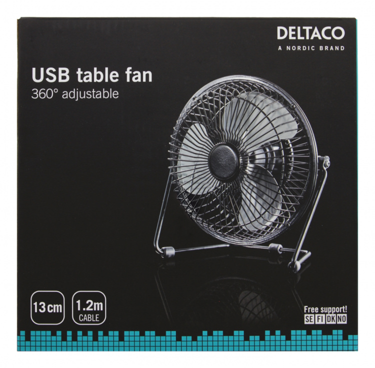 DELTACO USB-fläkt, bordsmodell, aluminium, svart