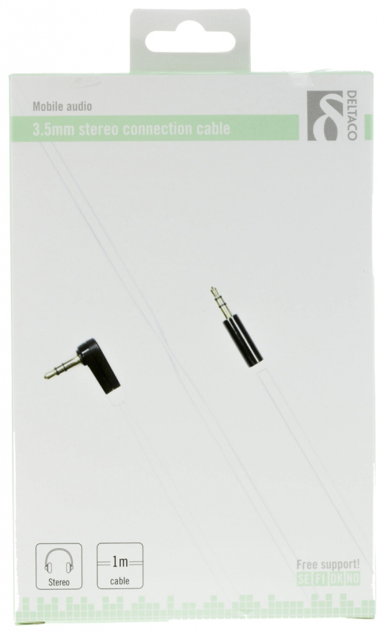 DELTACO ljudkabel, vinklad 3,5mm hane till 3,5mm hane, 1m, vit DELTACO ljudkabel, vinklad 3,5mm hane till 3,5mm hane, 1m, vit