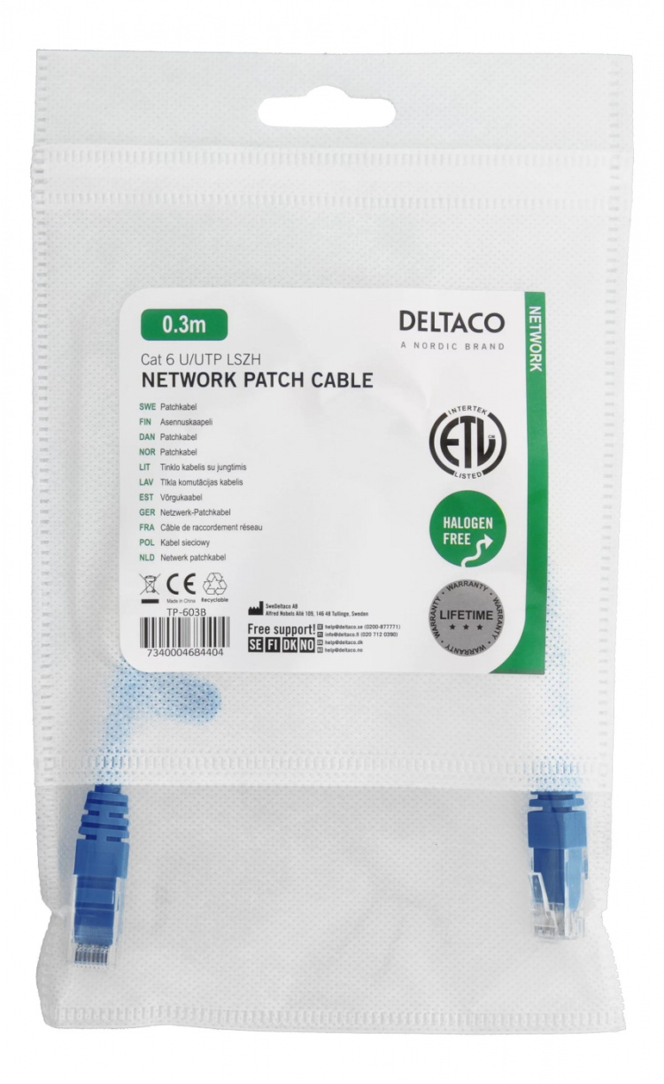 DELTACO U/UTP Cat6 patchkabel 0,3m, blå