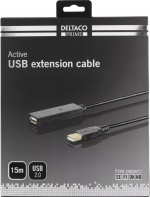 DELTACO PRIME, USB förlängningskabel, aktiv, USB 2.0, 15m, svart