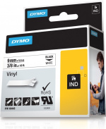 DYMO RhinoPRO märktejp perm vinyl 9mm, svart på vitt, 5.5m rulle DYMO RhinoPRO märktejp perm vinyl 9mm, svart på vitt, 5.5m rulle