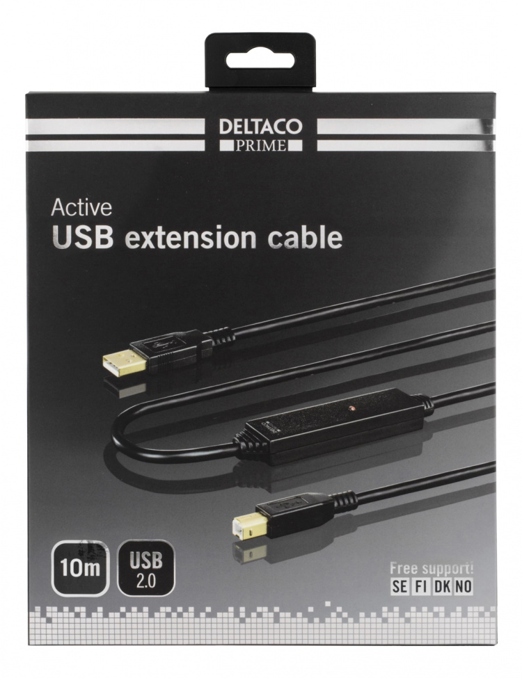 DELTACO PRIME USB 2.0 kabel Typ A hane - Typ B hane, aktiv, 10m, svart