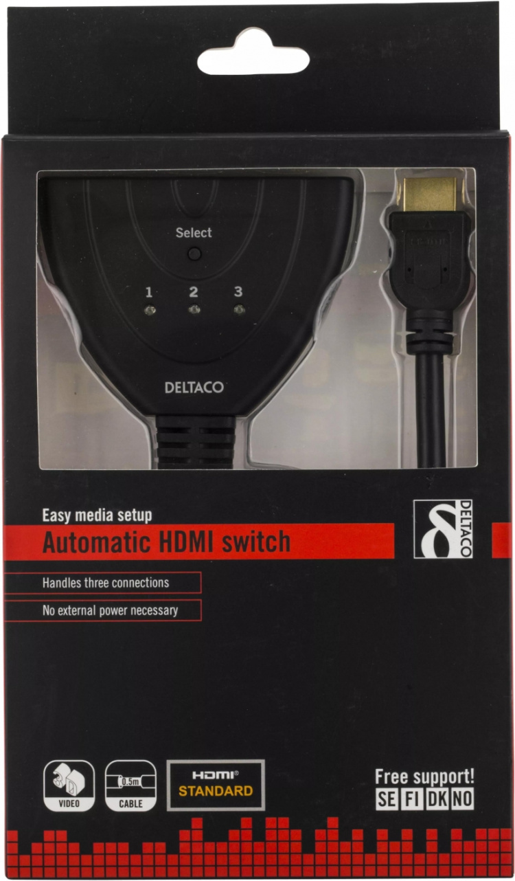 DELTACO HDMI Pigtail Switch, auto/manu HDMI-switch, tre till en, sv DELTACO HDMI Pigtail Switch, auto/manu HDMI-switch, tre till en, sv