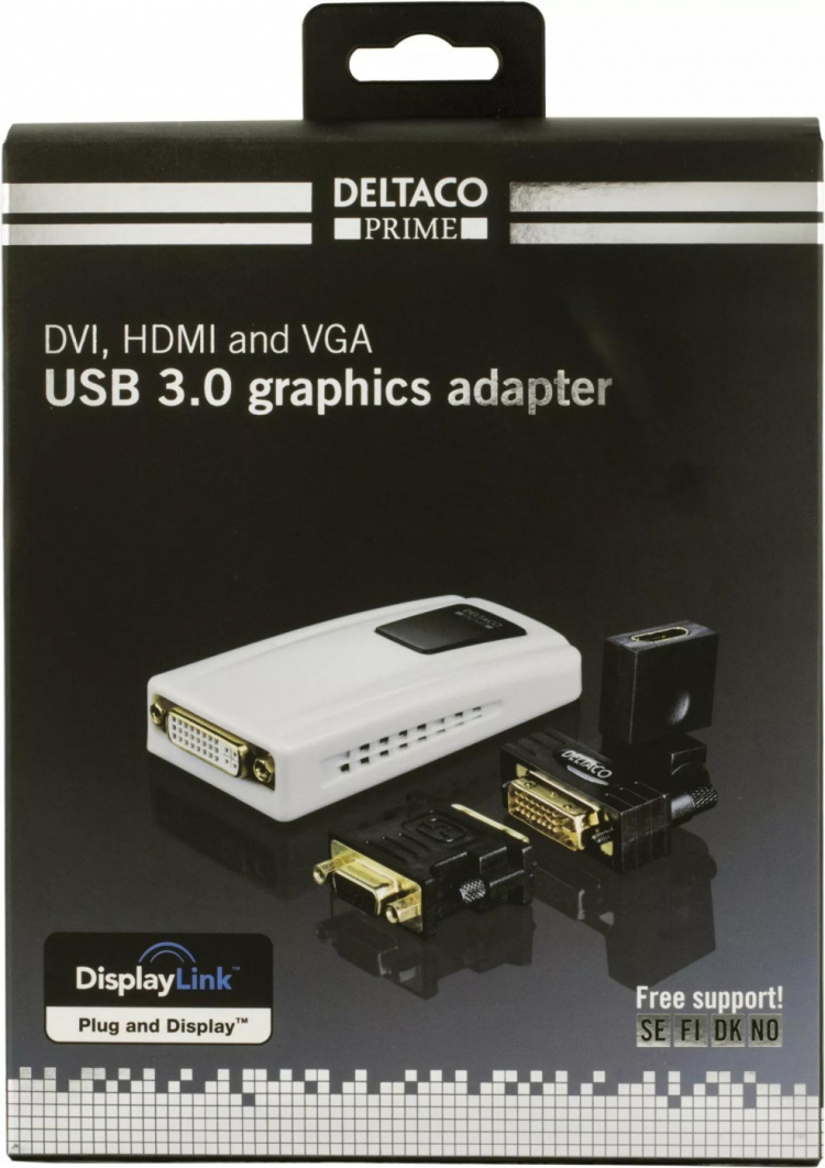 DELTACO PRIME USB 3.0 till DVI/HDMI/VGA-adapter, 2048x1152, vit DELTACO PRIME USB 3.0 till DVI/HDMI/VGA-adapter, 2048x1152, vit