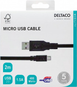 DELTACO USB 2.0 kabel Typ A ha - Typ Micro B ha, 5-pin, 2m, svart
