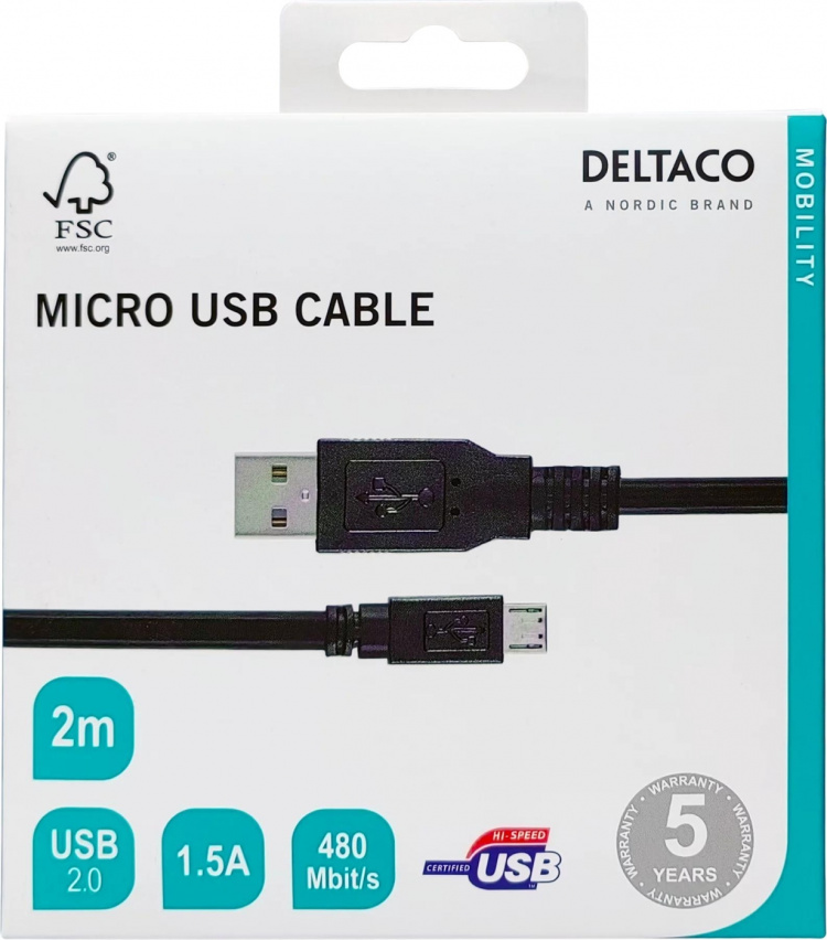 DELTACO USB 2.0 kabel Typ A ha - Typ Micro B ha, 5-pin, 2m, svart