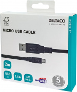 DELTACO USB 2.0 kabel Typ A ha - Typ Micro B ha, 5-pin, 2m, svart