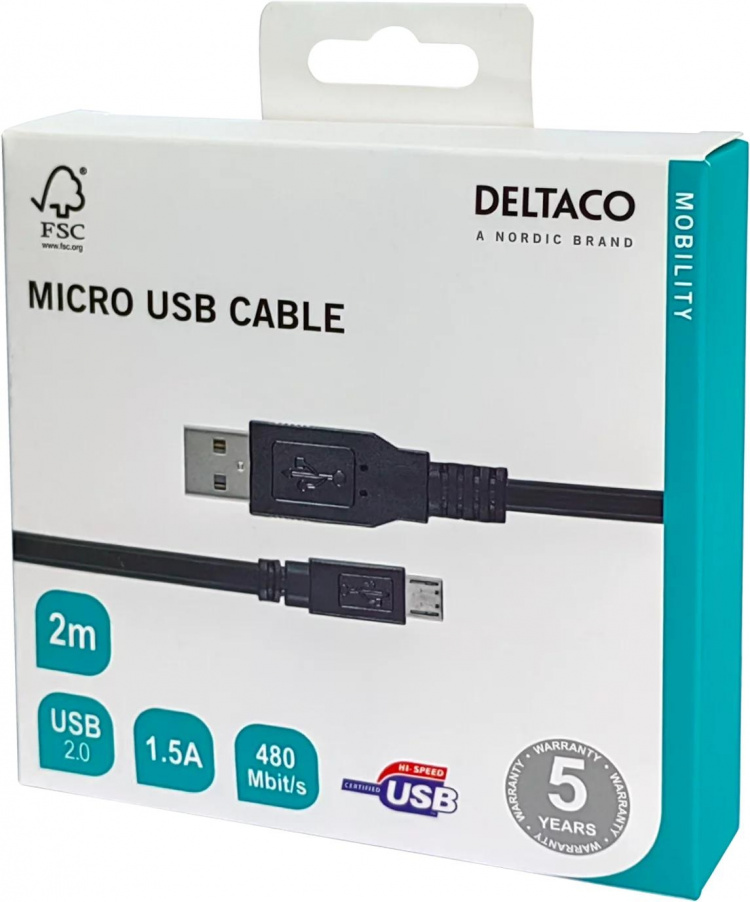 DELTACO USB 2.0 kabel Typ A ha - Typ Micro B ha, 5-pin, 2m, svart