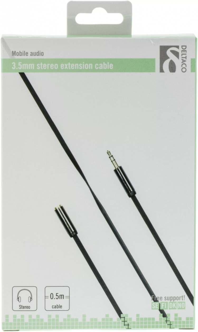 DELTACO ljudkabel, 3,5mm rak hane till 3,5mm hona, 4-pin, 0,5m, svart