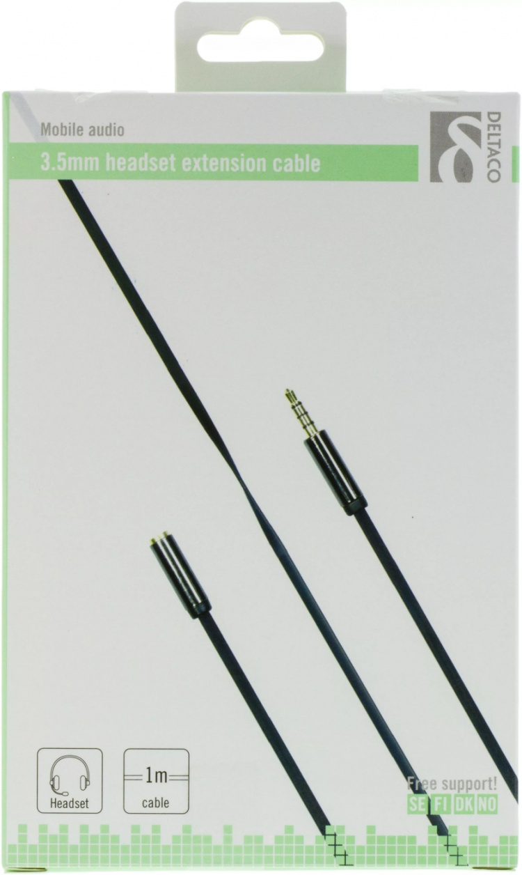 DELTACO ljudkabel, 3,5mm rak hane till 3,5mm hona, 4-pin, 1m, svart