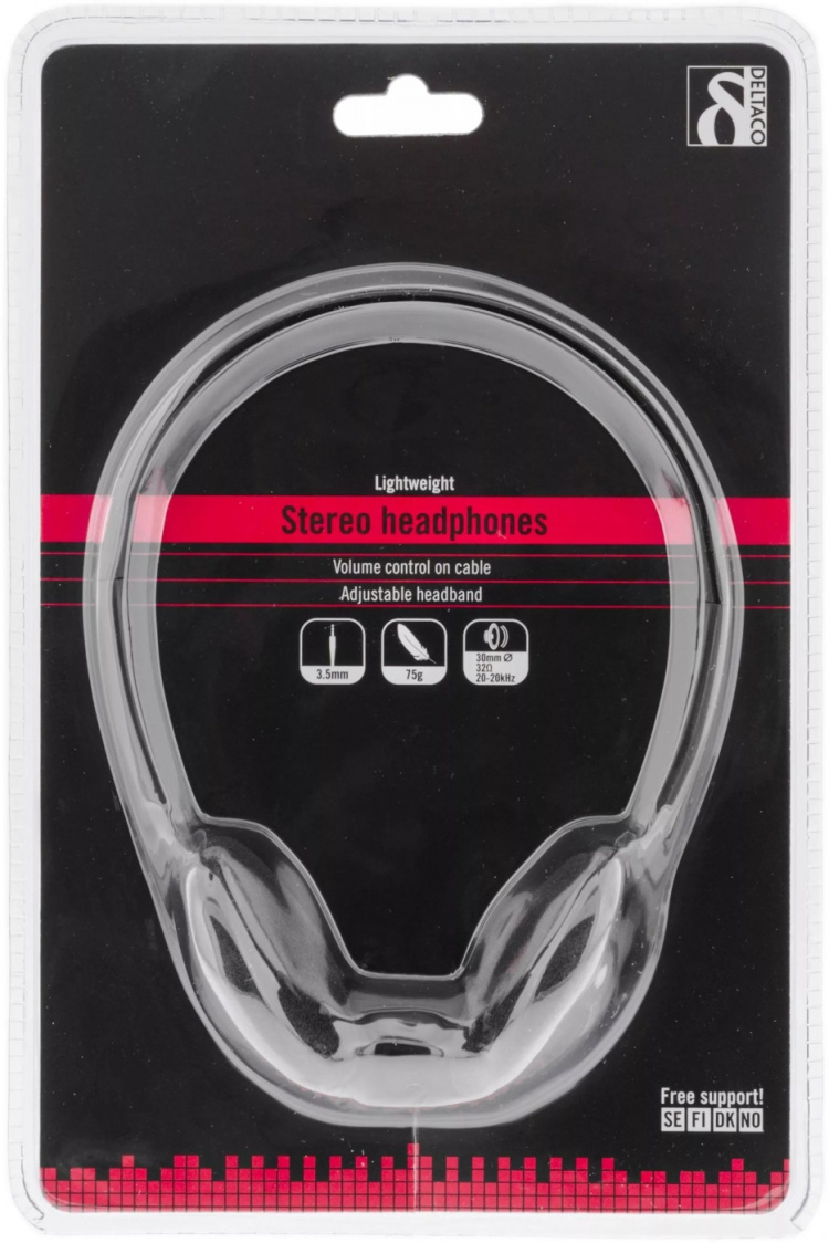 DELTACO Stereo Headphones, volymkontroll, 1x 3,5mm, ca 2m kabel
