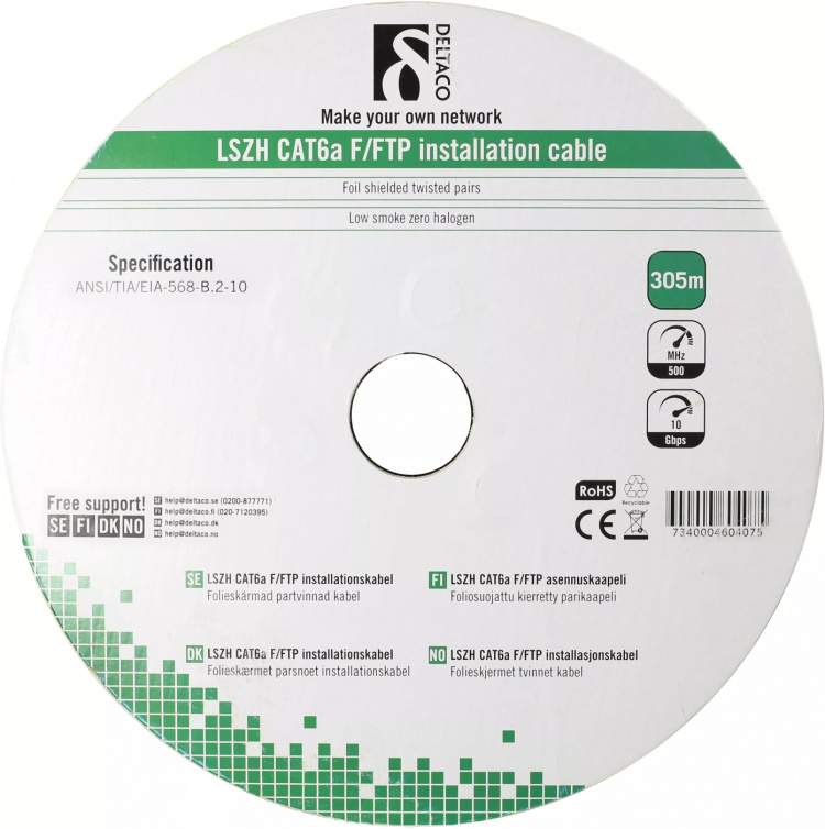 DELTACO F/FTP folieskärmad inst.kabel, Cat6a, LSZH, 305m rulle, vit