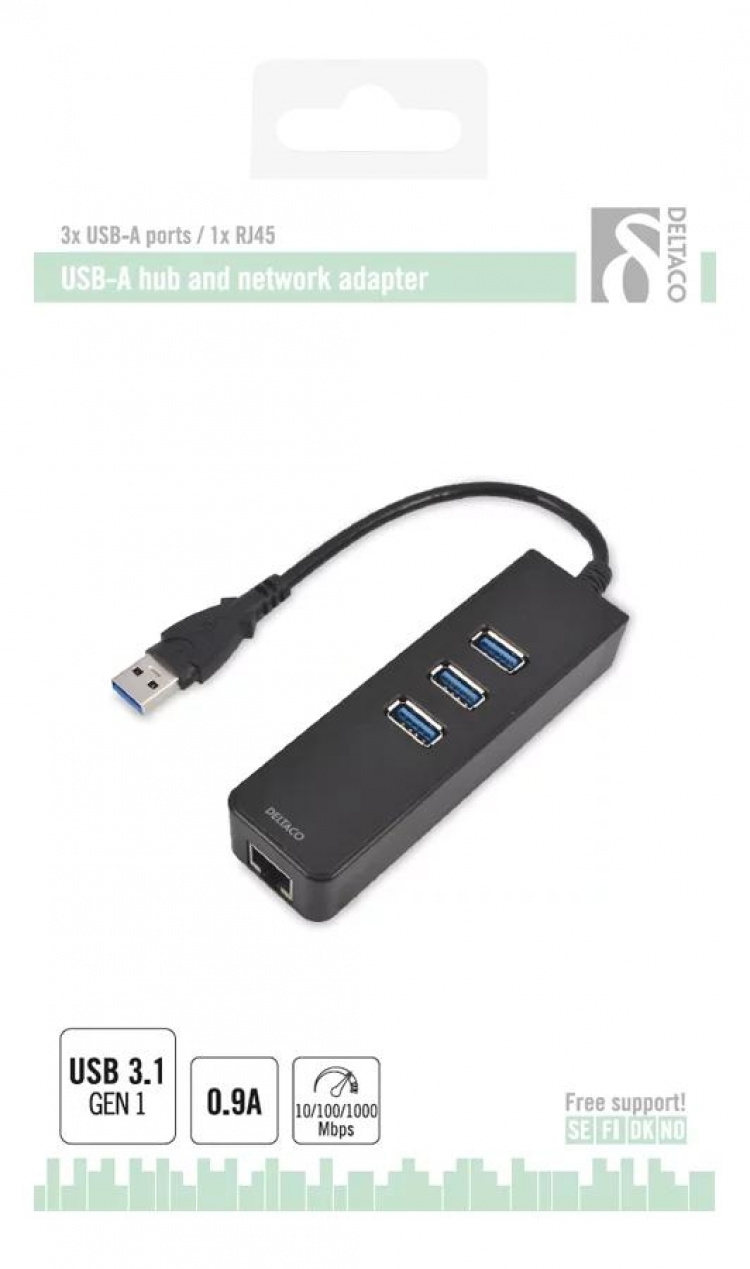 DELTACO nätverksadapter, 1xGigabitRJ45, 1xUSB3 A ha, 3x USB3 ho, svart DELTACO nätverksadapter, 1xGigabitRJ45, 1xUSB3 A ha, 3x USB3 ho, svart