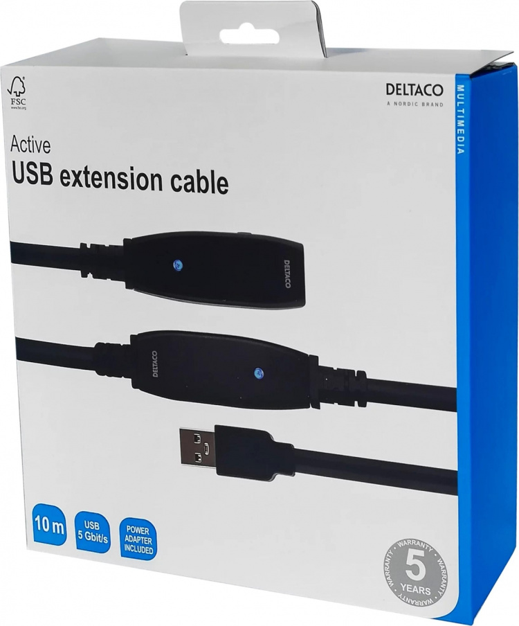 DELTACO PRIME aktiv USB 3.0-förlängningskabel, Typ A ha - ho, 10m, sva