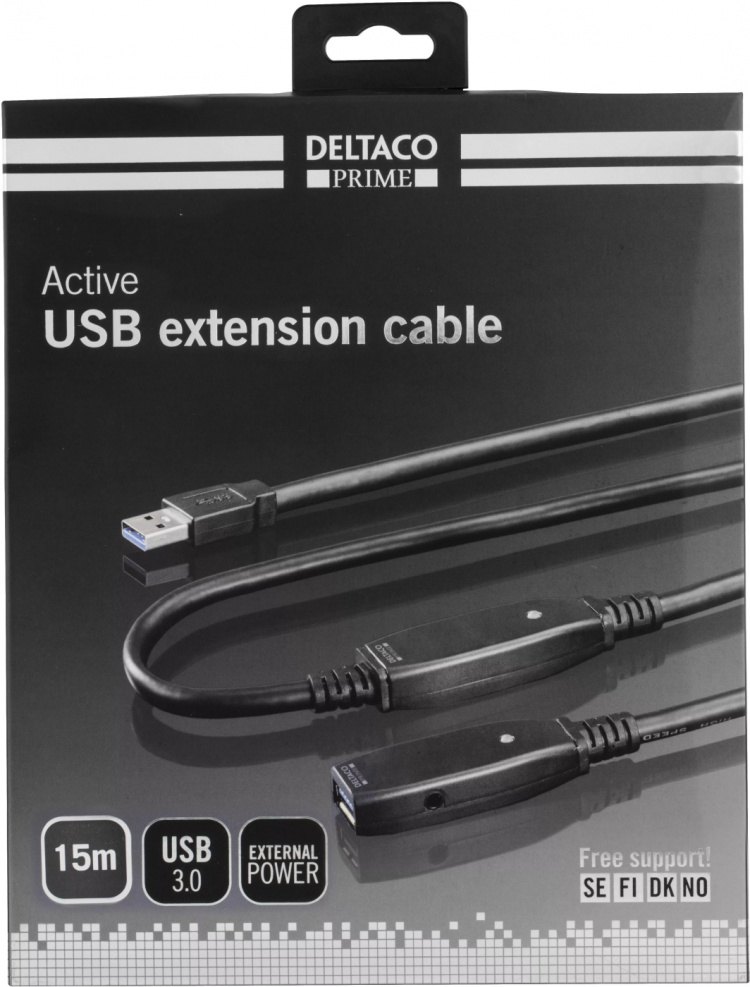 DELTACO aktiv USB 3.0-förlängningskabel, Typ A ha - ho, adp., 15m, b