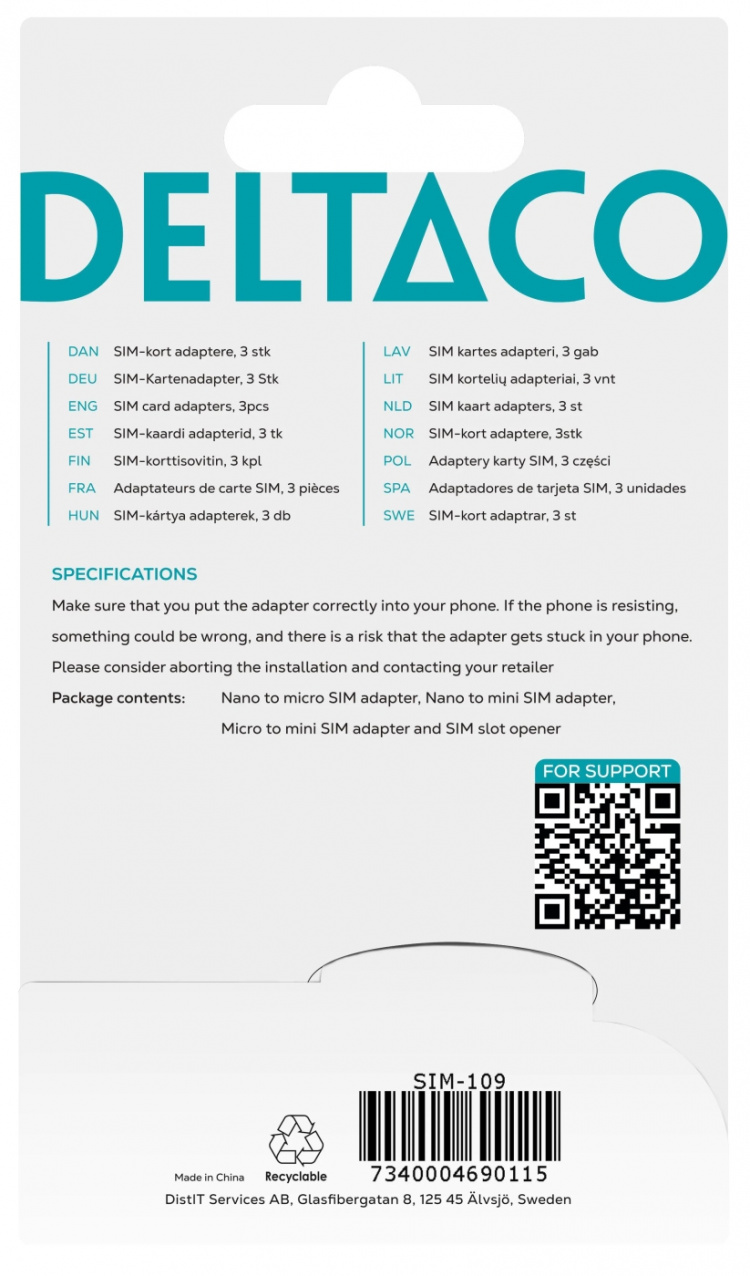 DELTACO SIM-kortsadapter för micro/mini/nano-sim, svart