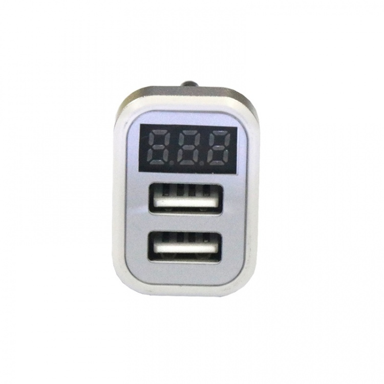 USB car charger with 2 USB ports and display, Silver USB car charger with 2 USB ports and display, Silver