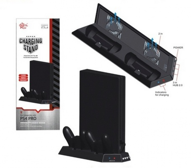 Vertikalt stativ med kylfläktar, laddningsstationer, USB-hub, Playstation 4 Pro