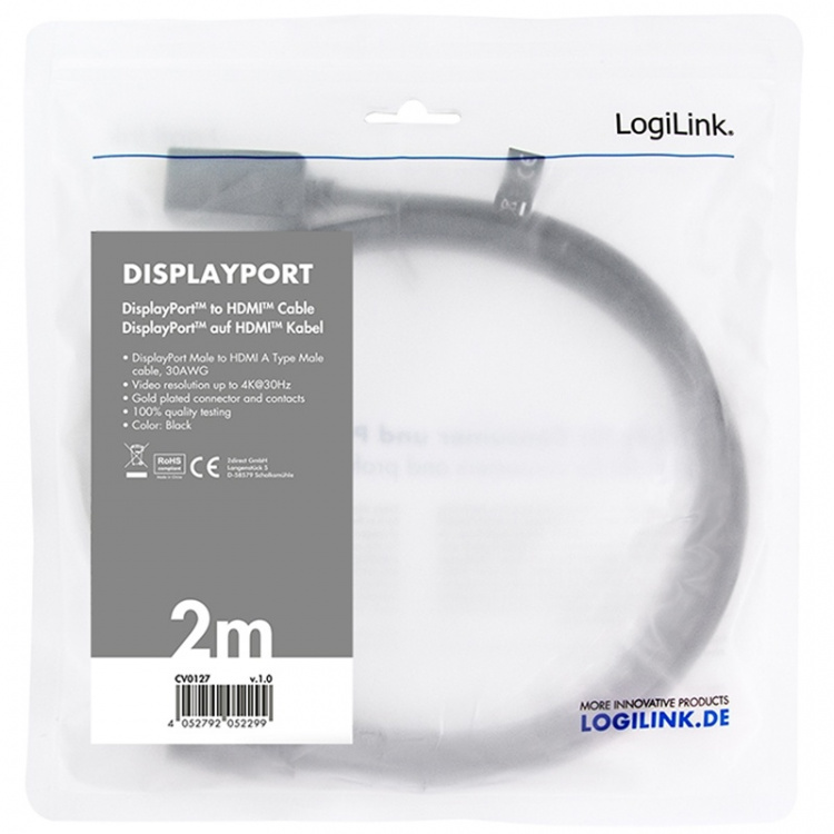 LogiLink DisplayPort 1.2 -> HDMI 1.4 4K 2m Black LogiLink DisplayPort 1.2 -> HDMI 1.4 4K 2m Black