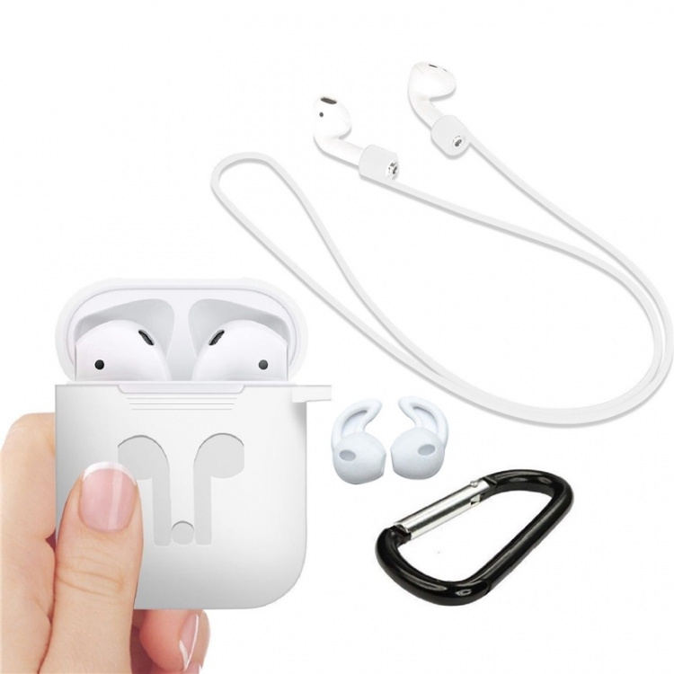 Silicone kit for Airpods, Silicone case, Strap, Silicone ear tips, Carabiner, White.