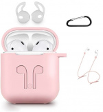 Silicone kit for Airpods, Silicone case, Strap, Silicone ear tips, Carabiner, Pink.