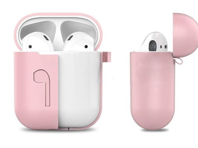 Silicone kit for Airpods, Silicone case, Strap, Silicone ear tips, Carabiner, Pink.