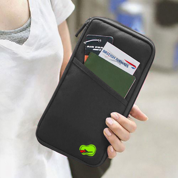 Travel wallet for passport and travel documents, black.