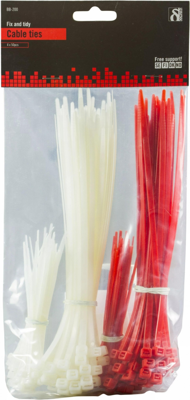 DELTACO buntband, 100mm & 200mm, 200-pack, röd/vit