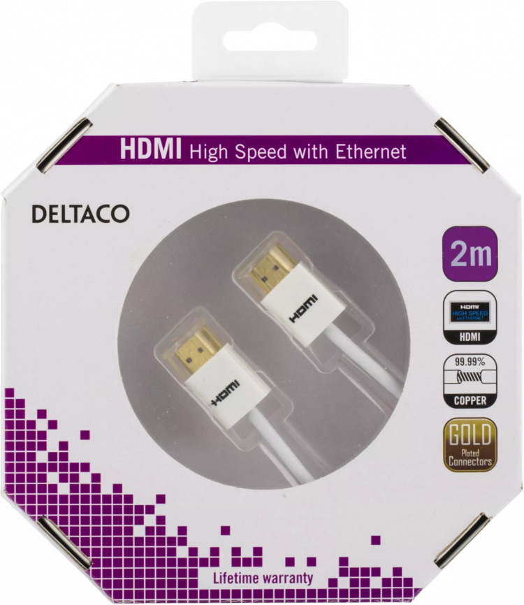 DELTACO thin HDMI cable, HDMI High Speed with Ethernet, 2m, white