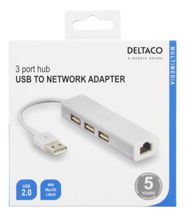 DELTACO USB 2.0 nätverksadapter med USB-hubb, 100Mbps, 3xUSB, vit
