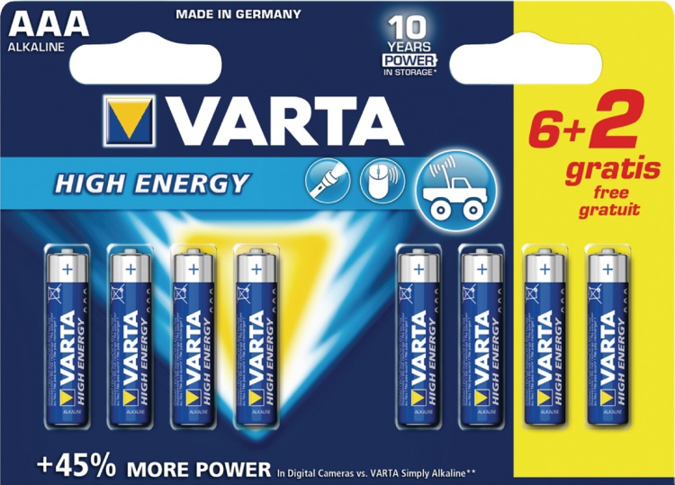 Varta Alkaline Battery AAA 1.5 V High Energy 8-Promotional Blister Varta Alkaline Battery AAA 1.5 V High Energy 8-Promotional Blister