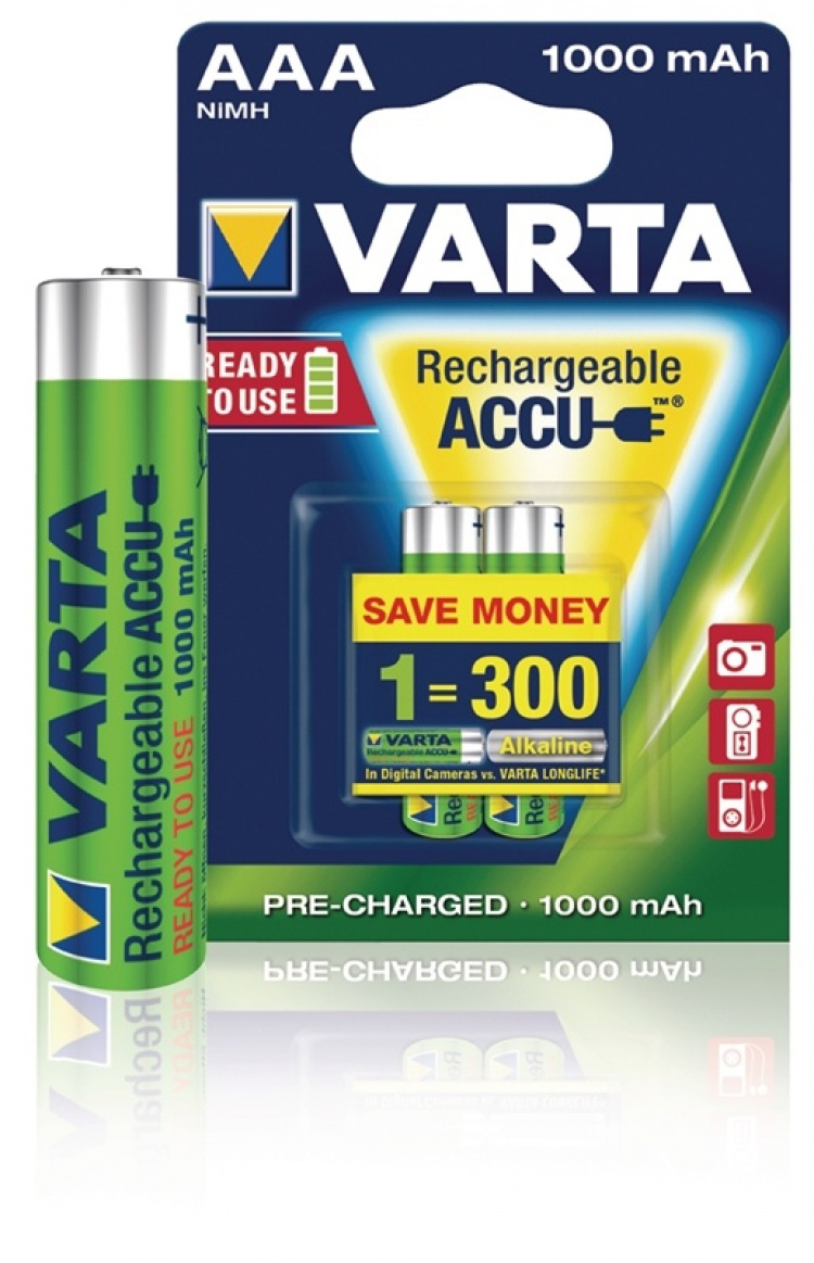 Varta Rechargeable NiMH Battery AAA | 1.2 V DC | 1000 mAh | Precharged | 2-Blister Card Varta Rechargeable NiMH Battery AAA | 1.2 V DC | 1000 mAh | Precharged | 2-Blister Card