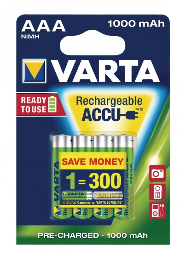 Varta Rechargeable NiMH Battery AAA | 1.2 V DC | 1000 mAh | Precharged | 4-Blister Card Varta Rechargeable NiMH Battery AAA | 1.2 V DC | 1000 mAh | Precharged | 4-Blister Card