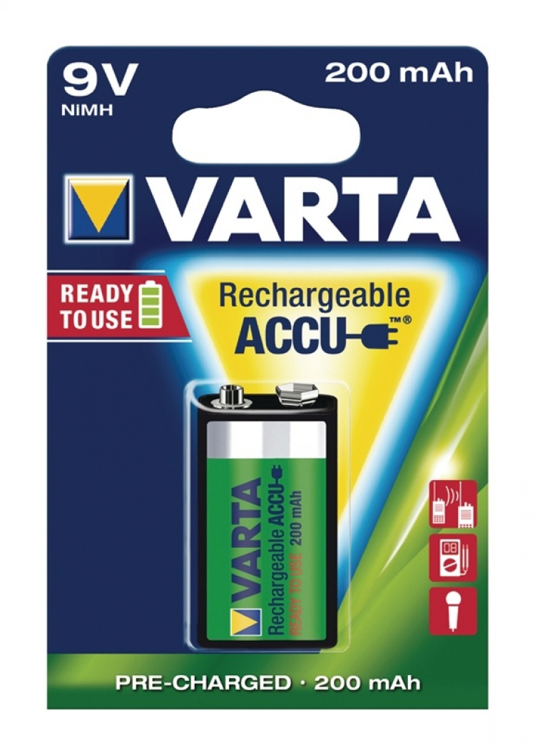 Varta Rechargeable NiMH Battery E-Block | 9 V DC | 200 mAh | Precharged | 1-Blister | 6HR61 | Green / Yellow