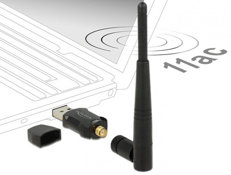 DeLOCK wireless USB network card, external antenna, 802.11ac, black