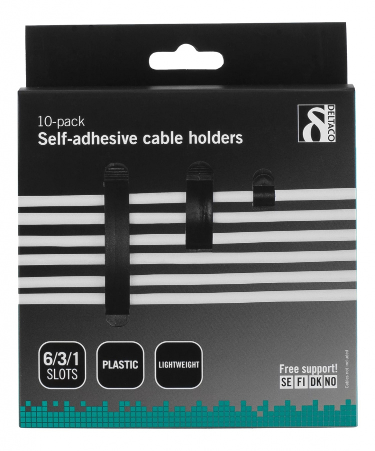 DELTACO adhesive cable clamps in plastic, 1/3/6 slots, 10-pack, black